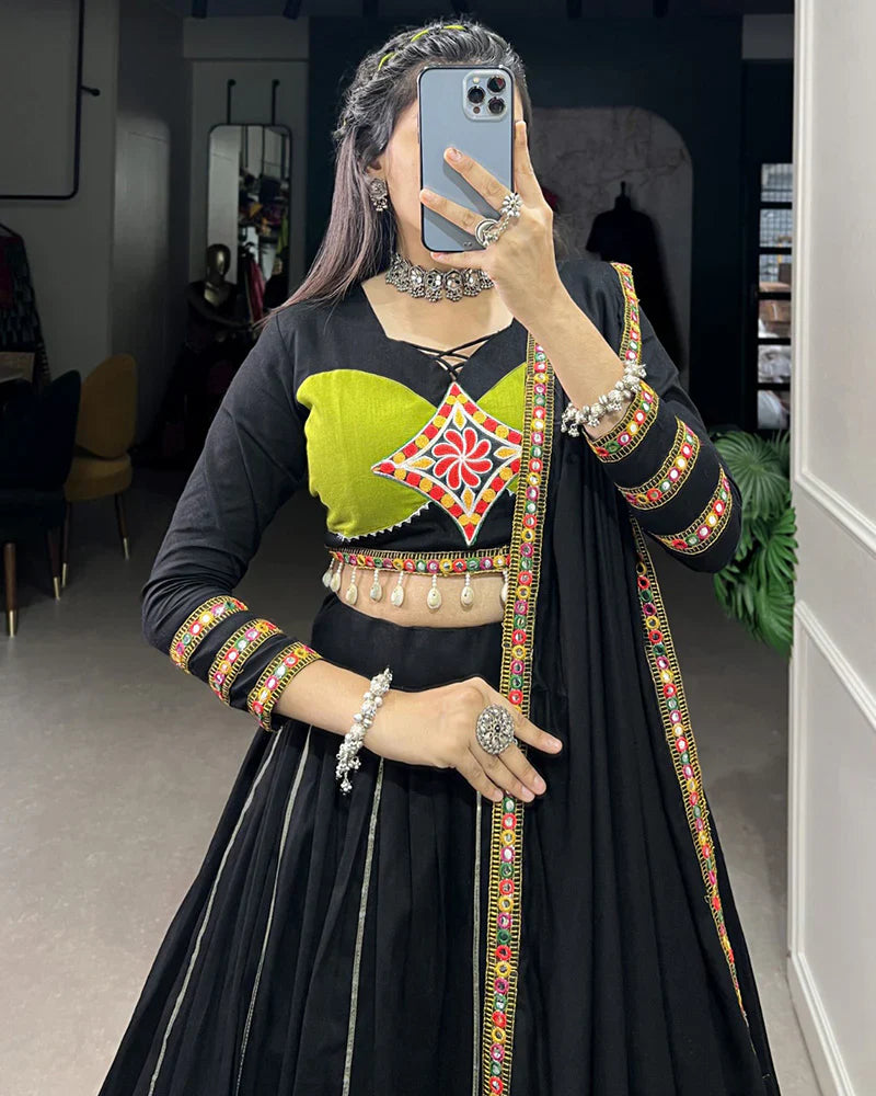 GREEN AND BLACK COLOR COTTON GAMTHI WORK NAVRATRI LEHENGA CHOLI