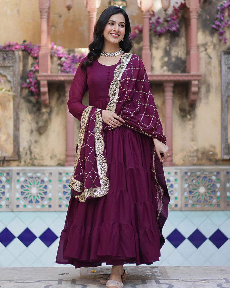 PLUM COLOR STAR GEORGETTE GOWN WITH EMBROIDERED DUPATTA
