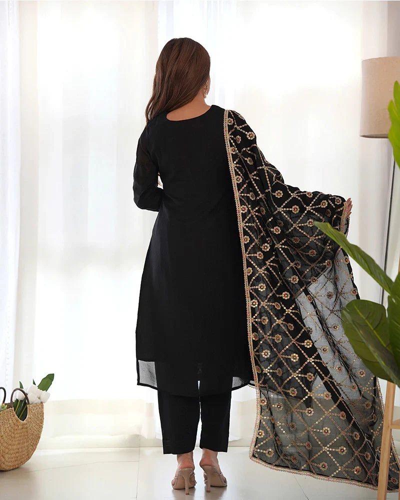 BLACK COLOR VICHITRA SILK THREE PIECE KURTI SUIT