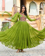 VIBRANT PARROT GREEN KUTCHI WORK LAHERIYA PRINTED ANARKALI GOWN