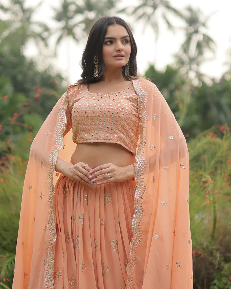 PEACH COLOR SOFT GEORGETTE DESIGNING LEHENGA CHOLI