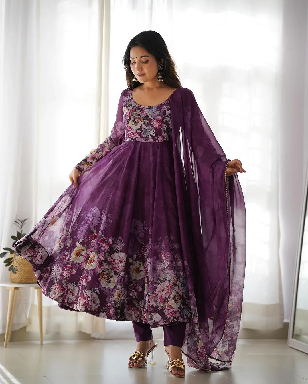WINE COLOR FLORAL PRINT ORGANZA THREE PIECE ANARKALI SUIT