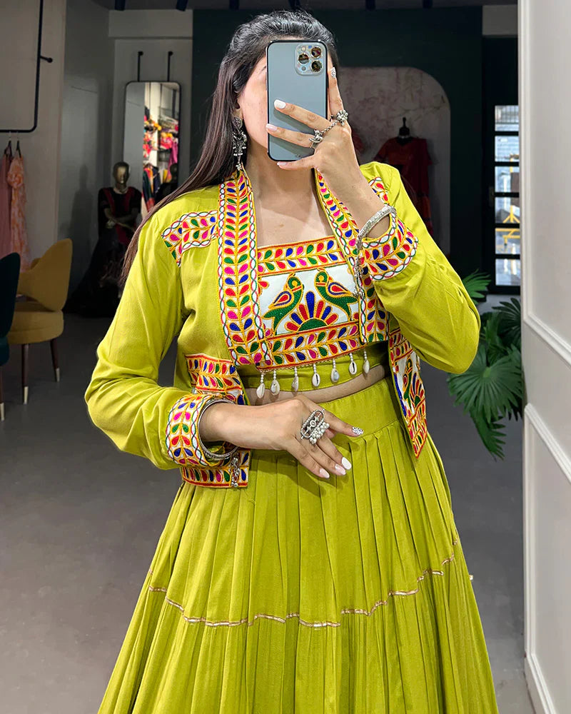 PARROT GREEN COLOR PURE RAYON GAMTHI NAVRATRI LEHENGA CHOLI