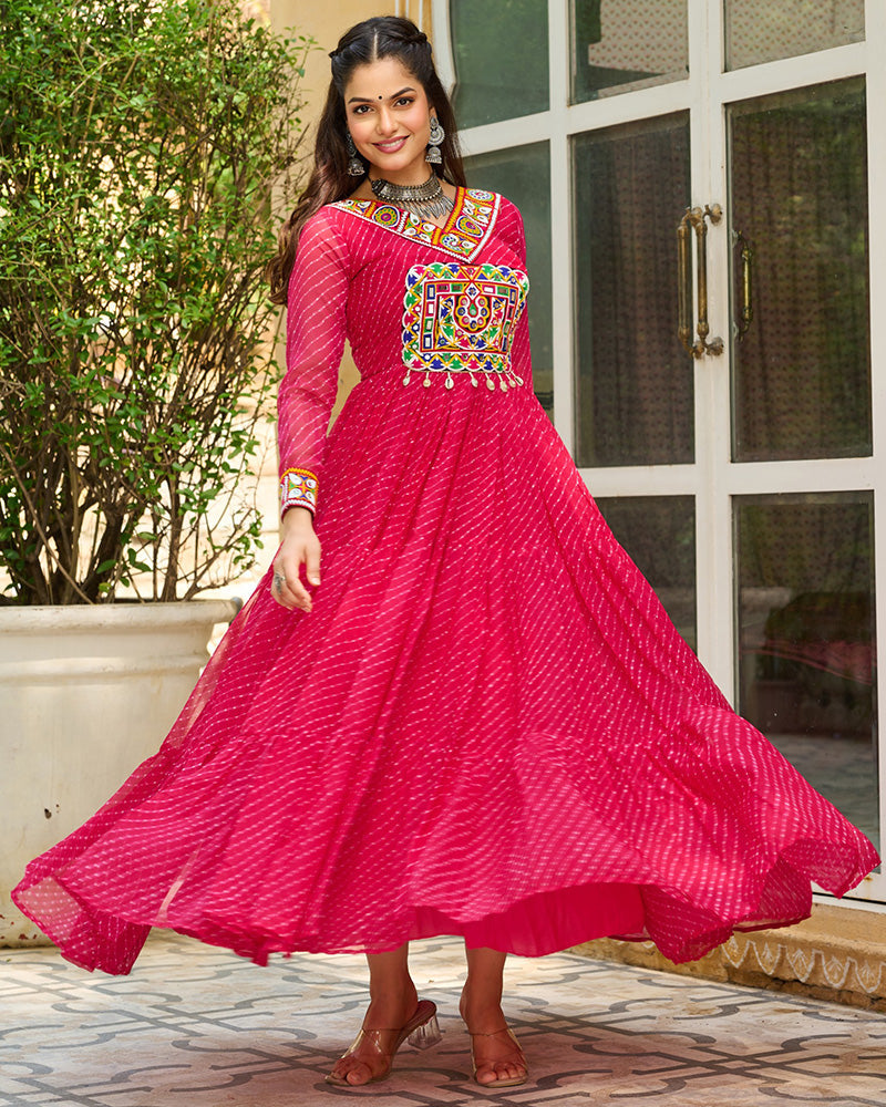 VIBRANT PINK KUTCHI WORK LAHERIYA PRINTED ANARKALI GOWN