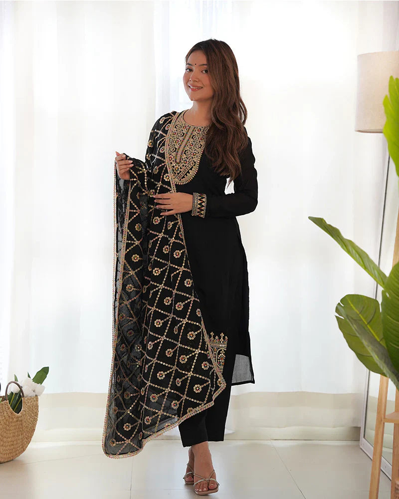BLACK COLOR VICHITRA SILK THREE PIECE KURTI SUIT