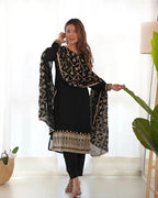 BLACK COLOR VICHITRA SILK THREE PIECE KURTI SUIT