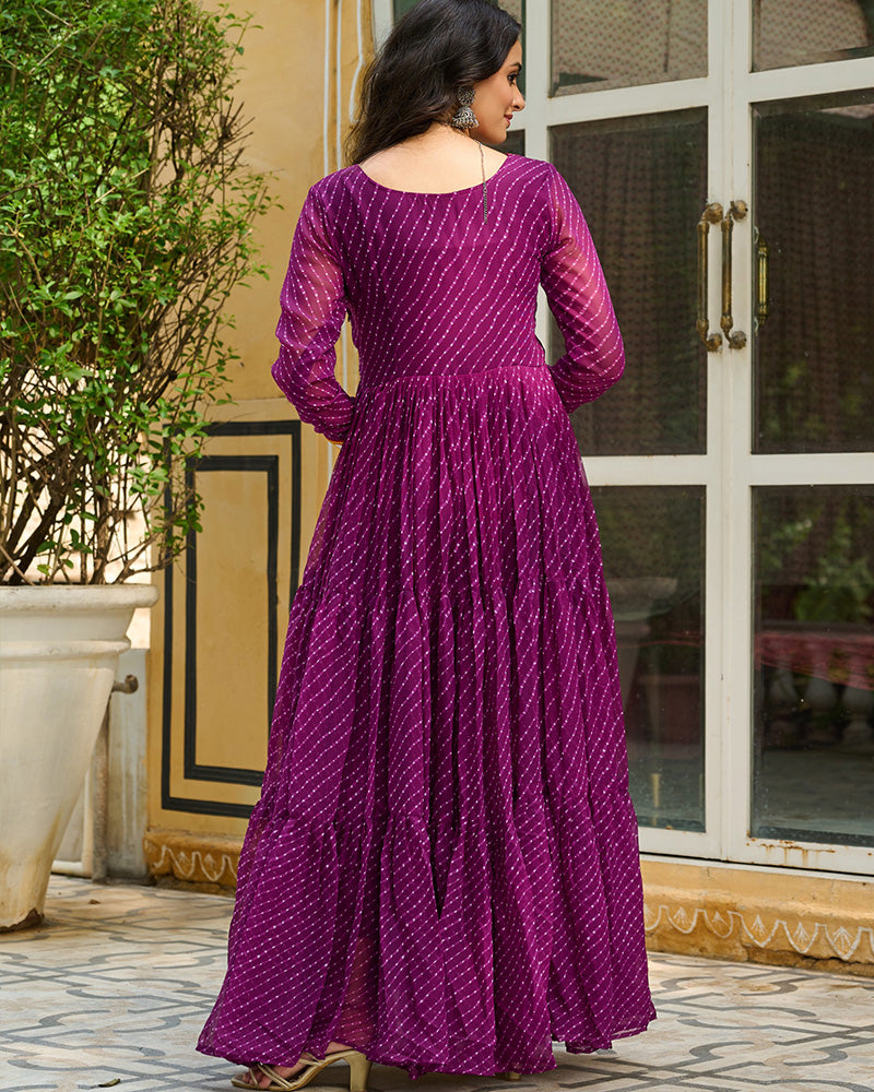 VIBRANT WINE KUTCHI WORK LAHERIYA PRINTED ANARKALI GOWN