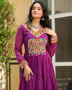 VIBRANT WINE KUTCHI WORK LAHERIYA PRINTED ANARKALI GOWN