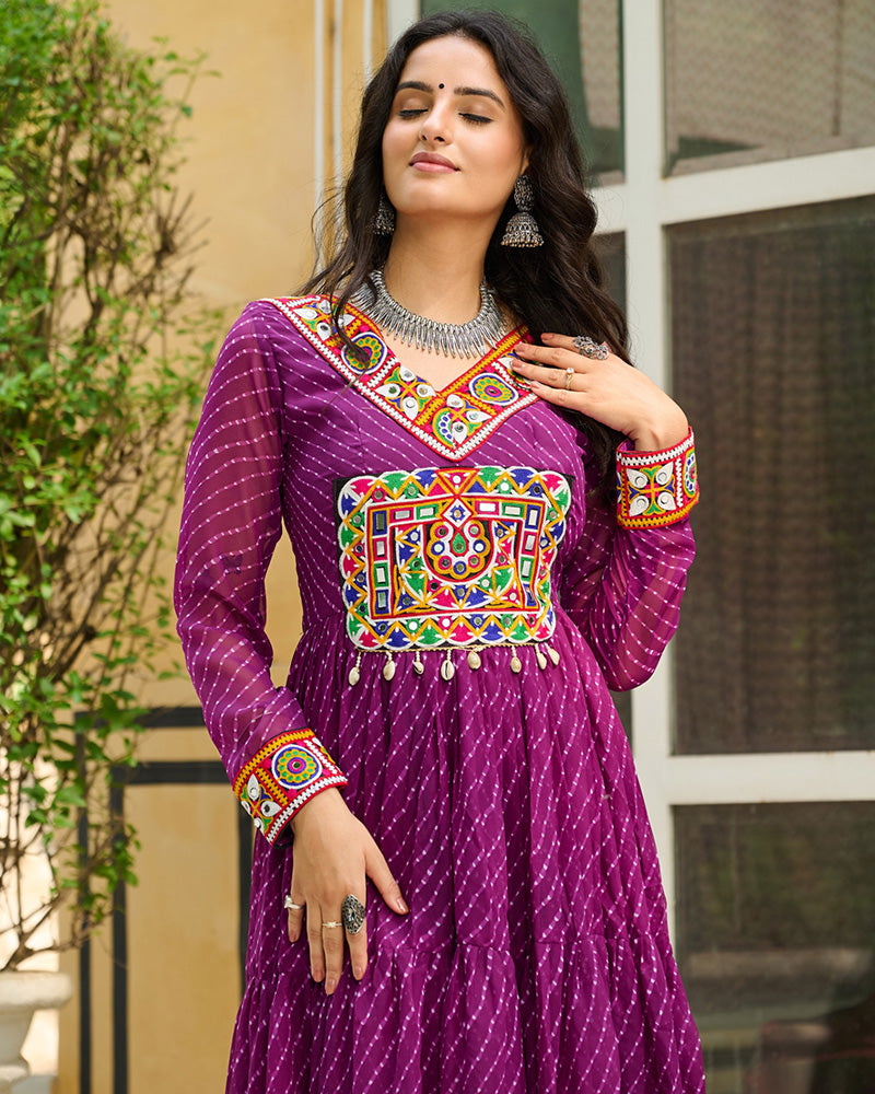 VIBRANT WINE KUTCHI WORK LAHERIYA PRINTED ANARKALI GOWN
