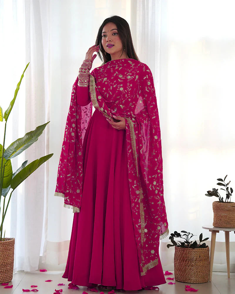 RANI PINK COLOR SOFT GEORGETTE ANARKALI GOWN WITH HEAVY EMBROIDERY WORK DUPATTA