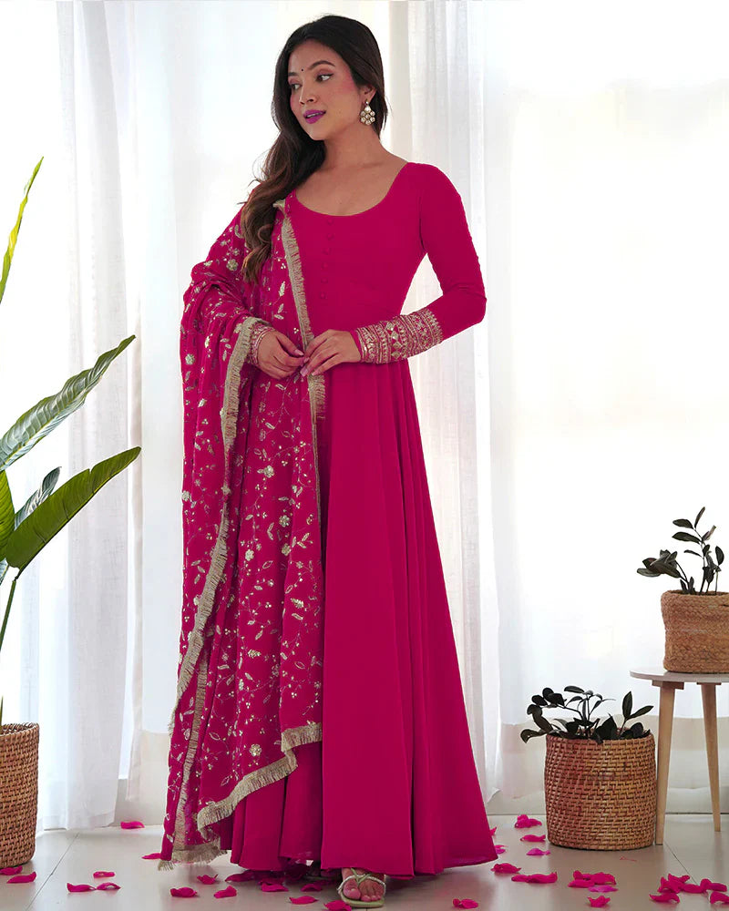 RANI PINK COLOR SOFT GEORGETTE ANARKALI GOWN WITH HEAVY EMBROIDERY WORK DUPATTA