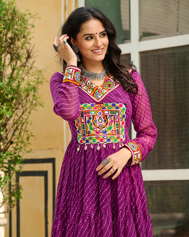 VIBRANT WINE KUTCHI WORK LAHERIYA PRINTED ANARKALI GOWN