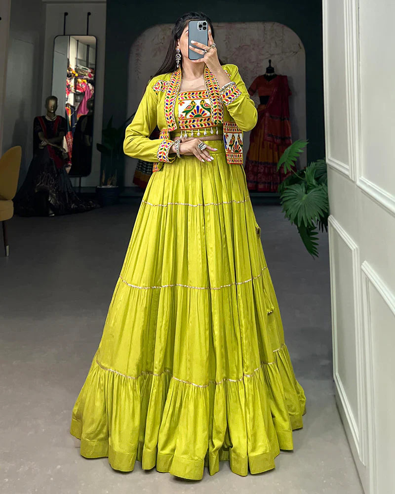 PARROT GREEN COLOR PURE RAYON GAMTHI NAVRATRI LEHENGA CHOLI