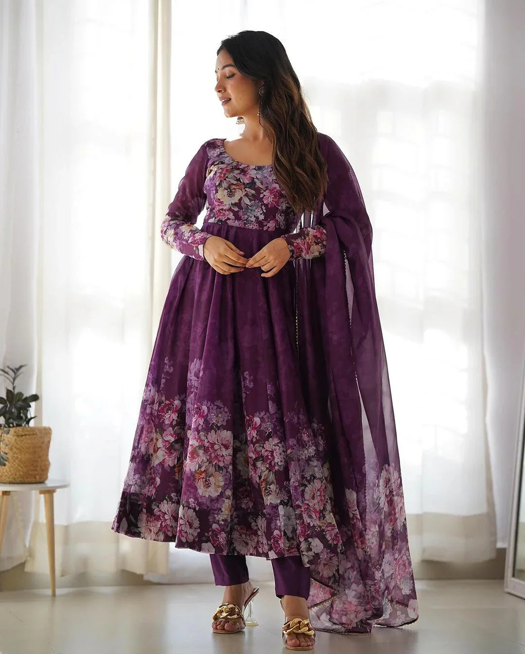 WINE COLOR FLORAL PRINT ORGANZA THREE PIECE ANARKALI SUIT