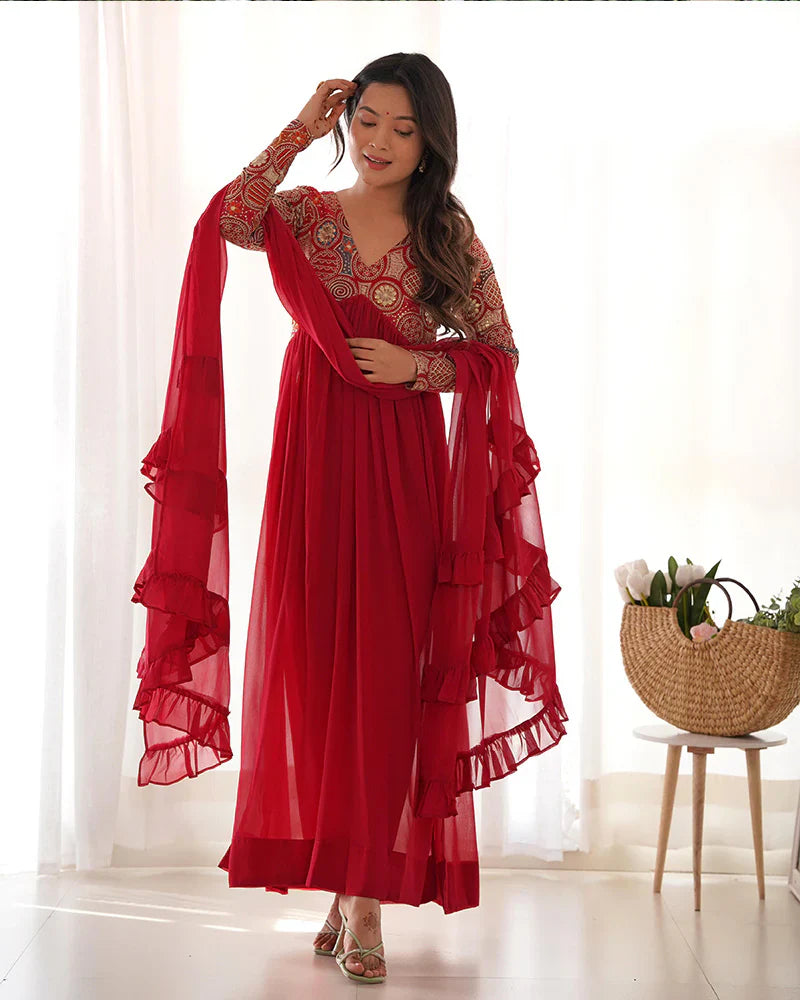 MAROON COLOR GEORGETTE ALIA CUT THREE PIECE KURTI SUIT