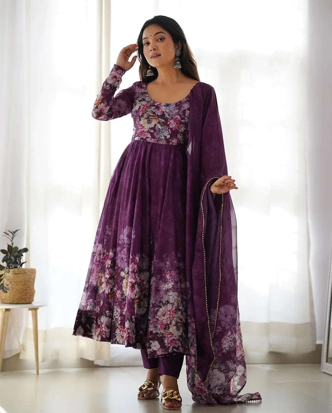 WINE COLOR FLORAL PRINT ORGANZA THREE PIECE ANARKALI SUIT