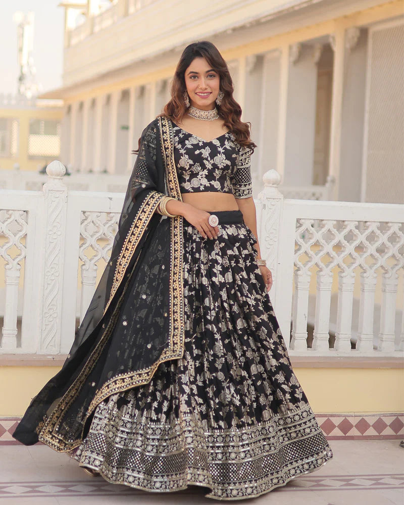 BLACK COLOR PURE VISCOSE JACQUARD LEHENGA CHOLI