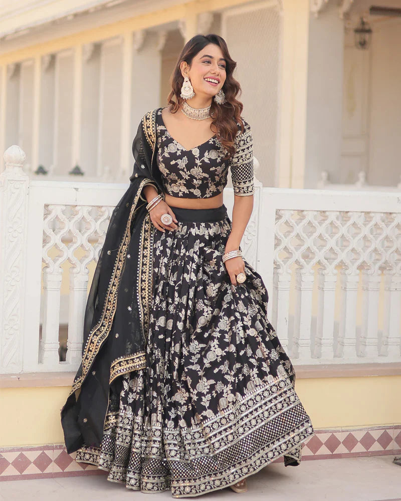 BLACK COLOR PURE VISCOSE JACQUARD LEHENGA CHOLI