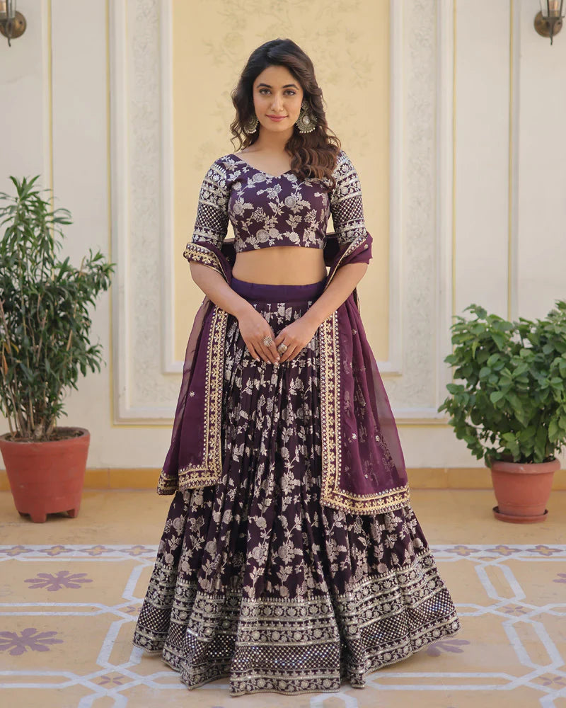 WINE COLOR PURE VISCOSE JACQUARD LEHENGA CHOLI
