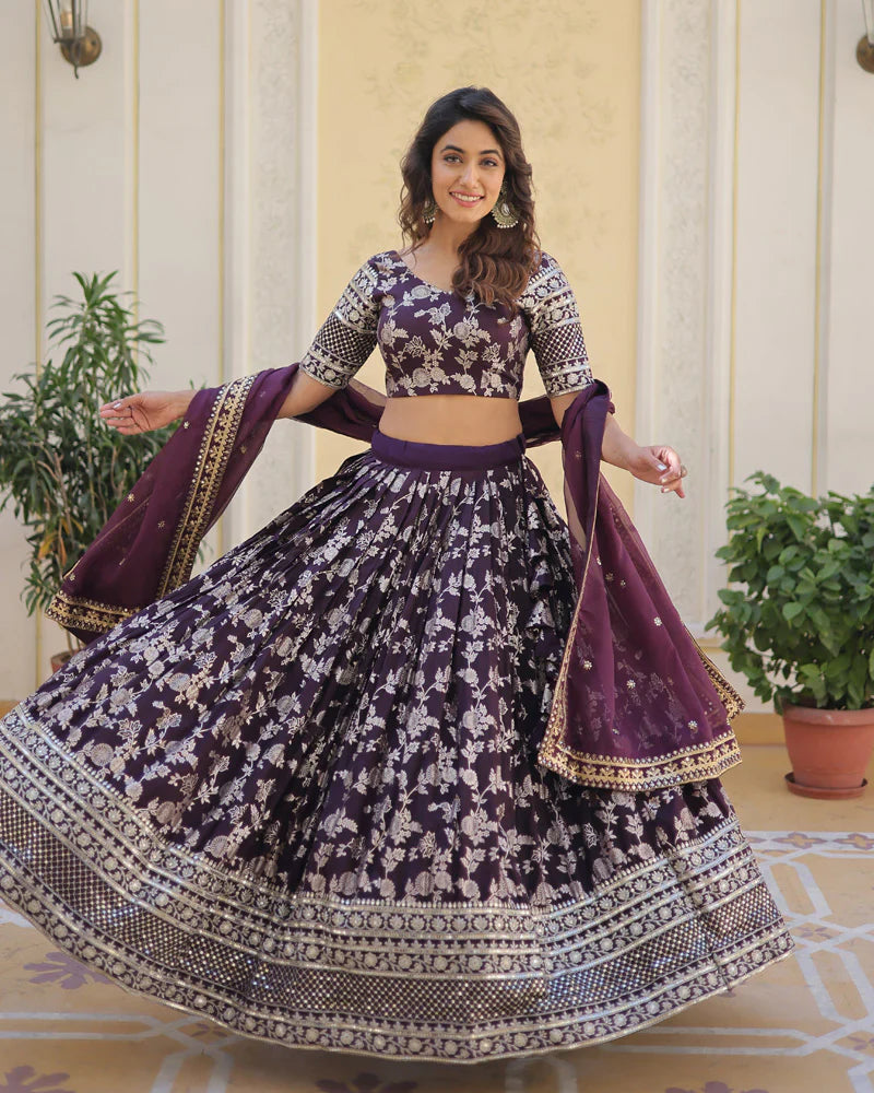 WINE COLOR PURE VISCOSE JACQUARD LEHENGA CHOLI