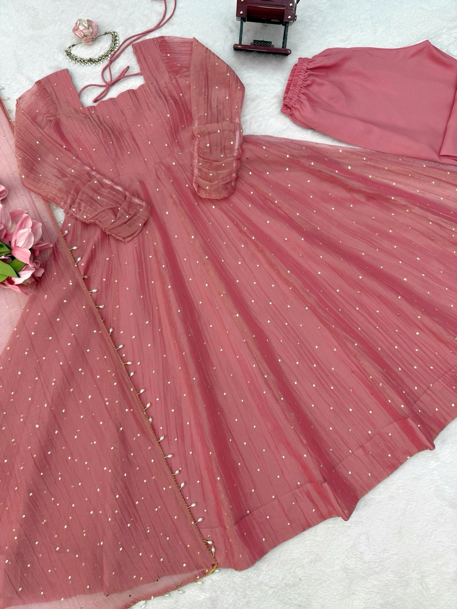 DESIGNER BLUSH PINK FOIL EMBELLISHED FLARED ANARKALI SUIT SET