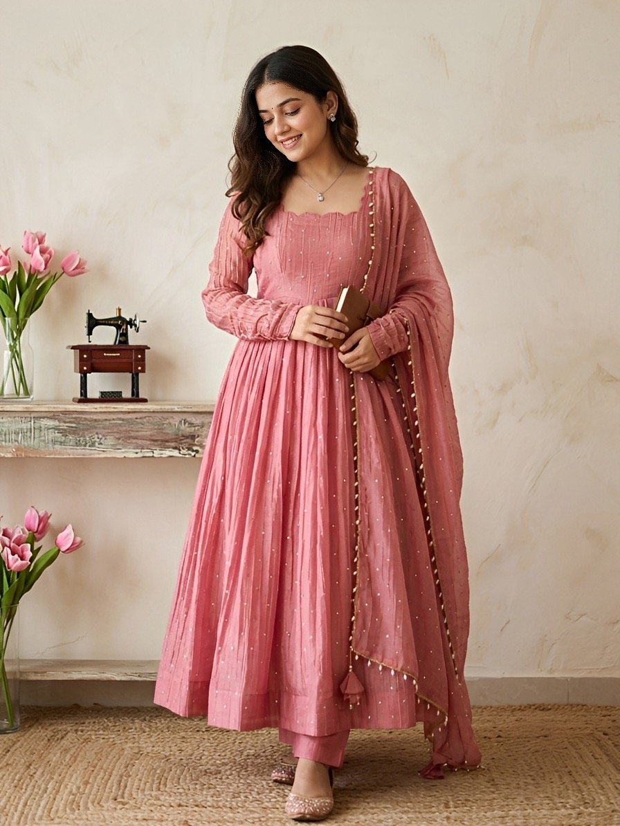 DESIGNER BLUSH PINK FOIL EMBELLISHED FLARED ANARKALI SUIT SET