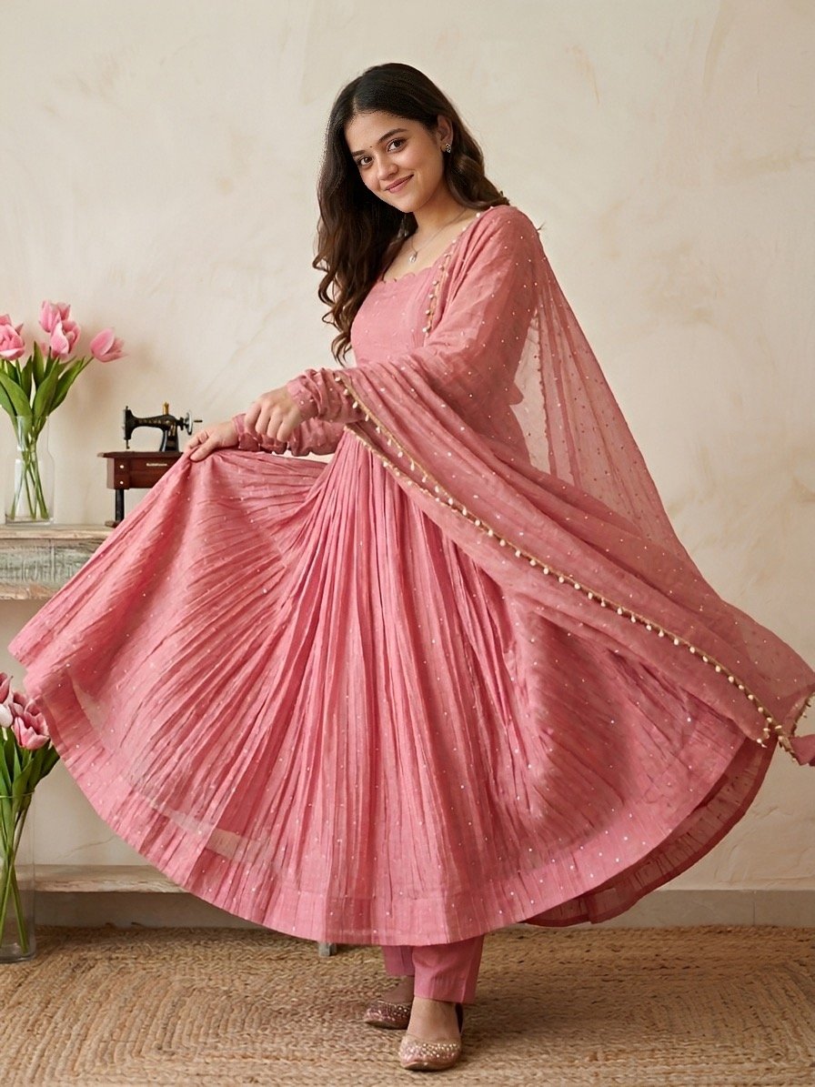 DESIGNER BLUSH PINK FOIL EMBELLISHED FLARED ANARKALI SUIT SET