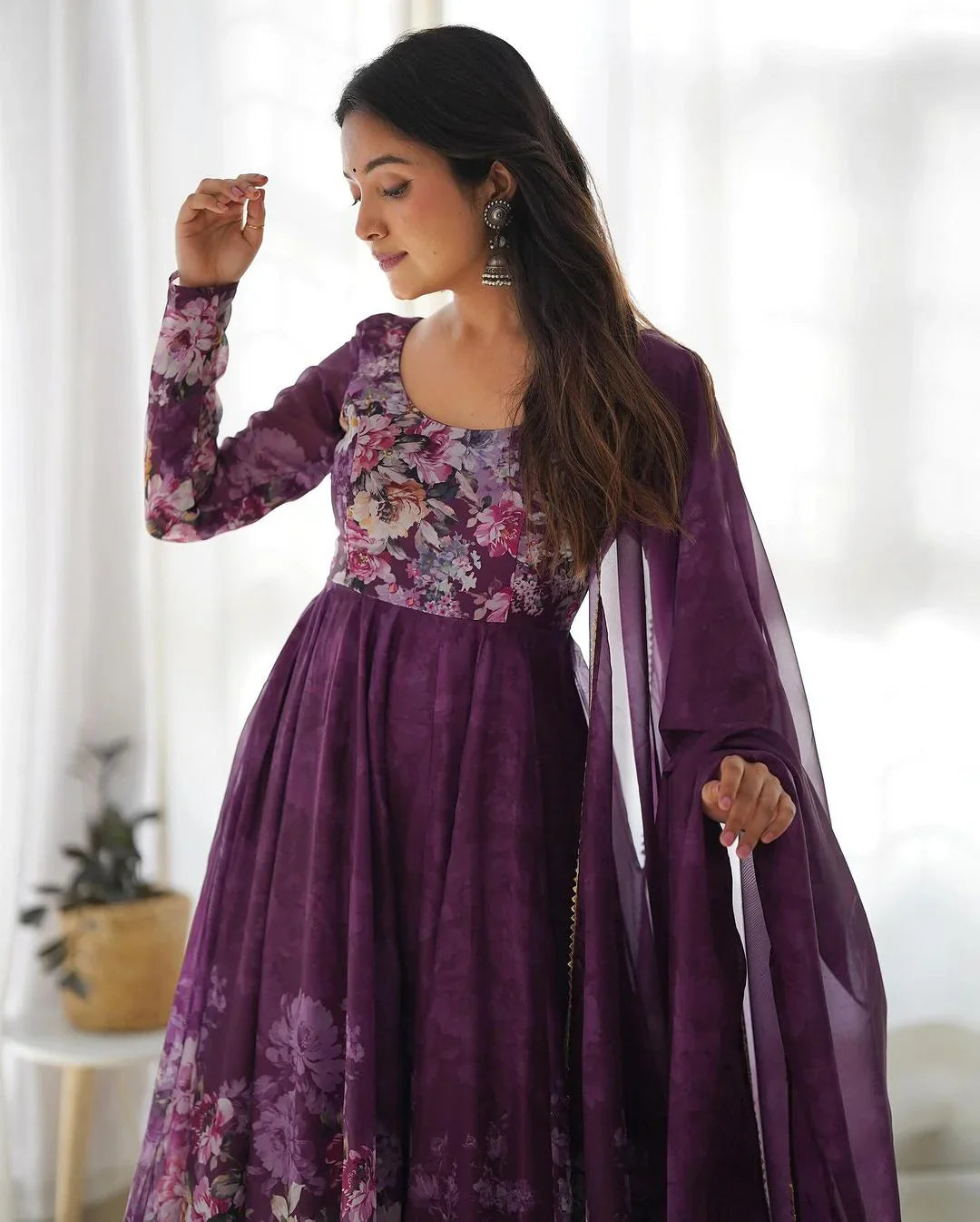 WINE COLOR FLORAL PRINT ORGANZA THREE PIECE ANARKALI SUIT