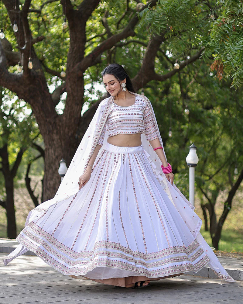 WHITE COLOR SOFT GEORGETTE EMBROIDERY LEHENGA CHOLI