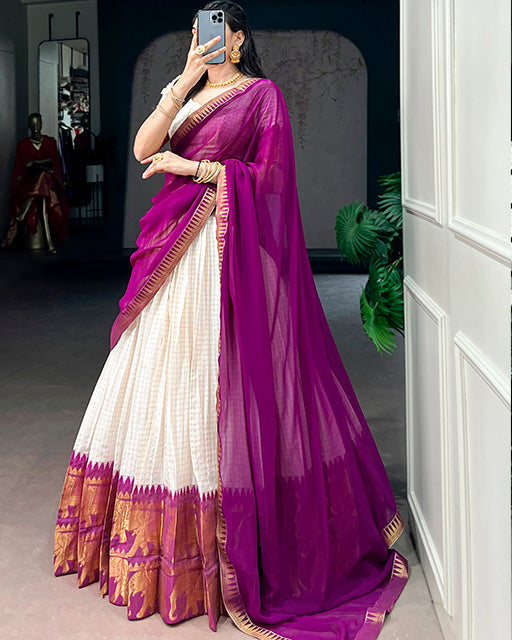 WHITE AND PINK COLOR POLY COTTON CHEX ONAM HALF SAREE