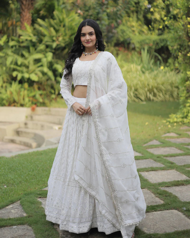 WHITE COLOR SOFT GEORGETTE DESIGNING LEHENGA CHOLI