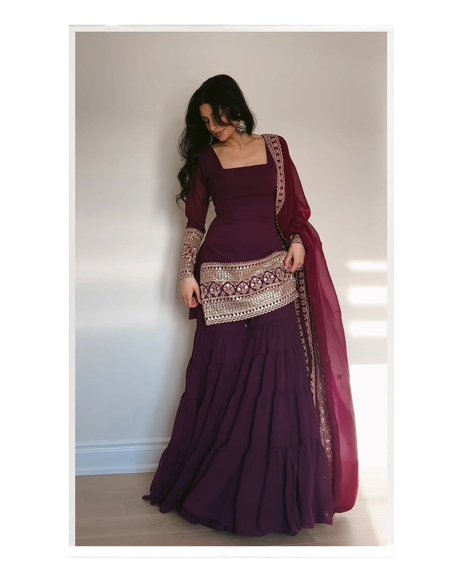 WINE COLOR GEORGETTE BASE EMBROIDERED WORK SHARARA SUIT SET OF 3