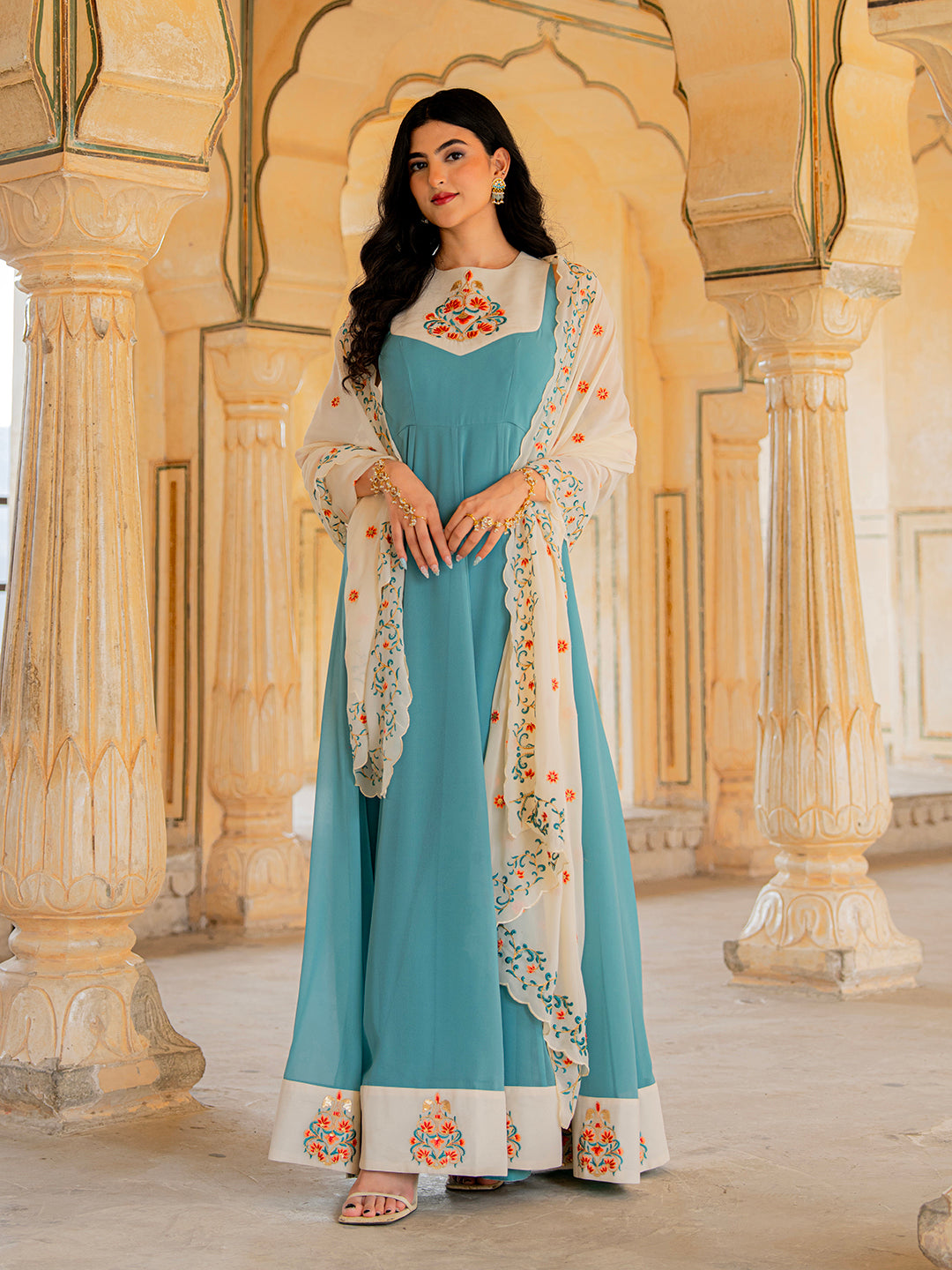 Aqua Ivory Blue Hand Embroidered Anarkali Set for Festive Wear