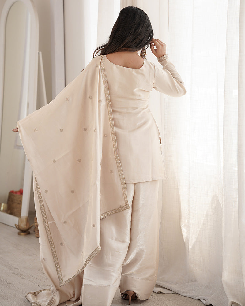 OFF WHITE COLOR ROMAN SILK EMBROIDERED FARSHI SALWAR SUIT