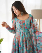 SKY BLUE MULTI COLOR PRINT ORGANZA THREE PIECE ANARKALI SUIT