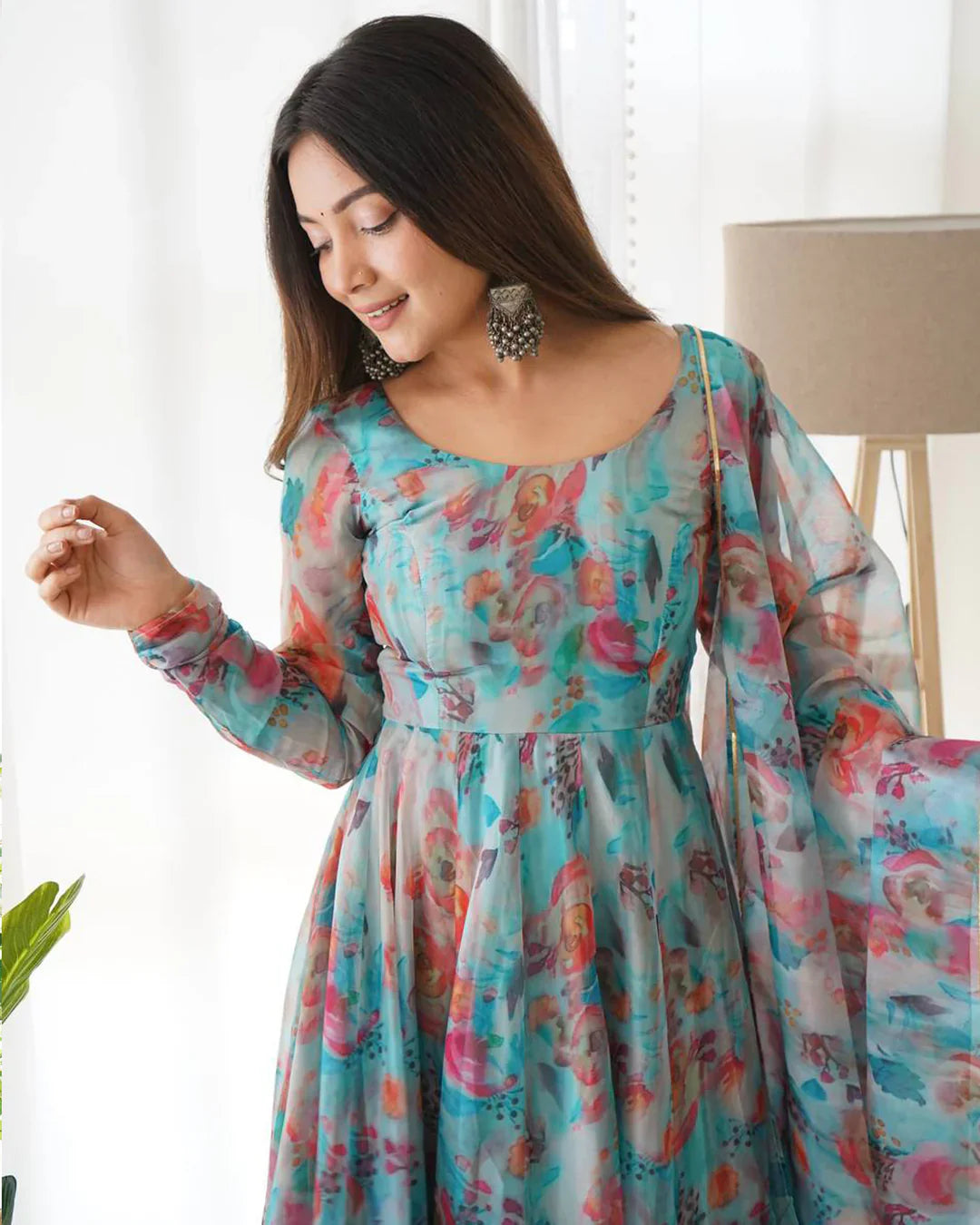 SKY BLUE MULTI COLOR PRINT ORGANZA THREE PIECE ANARKALI SUIT