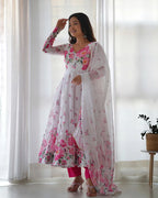 WHITE ORGANZA SILK FLORAL PRINT THREE PIECE ANARKALI SUIT