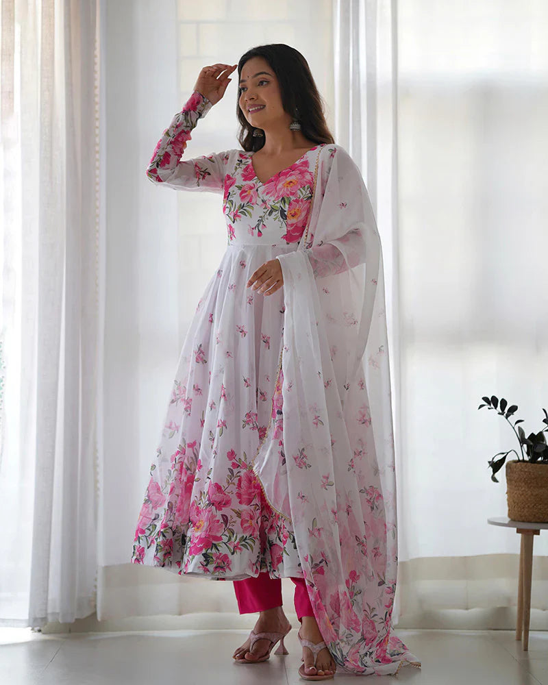 WHITE ORGANZA SILK FLORAL PRINT THREE PIECE ANARKALI SUIT
