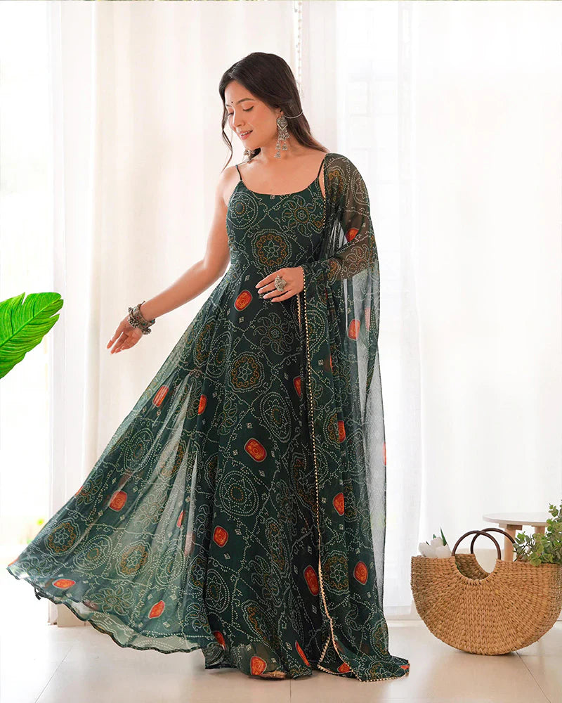 FLORAL DARK GREEN COLOR BANDHANI PRINT SOFT CHIFFON ANARKALI GOWN
