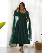 GREEN COLOR LAHERIYA PRINT GEORGETTE THREE PIECE ANARKALI SUIT