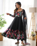 BLACK FLORAL PRINT ORGANZA THREE PIECE ANARKALI SUIT