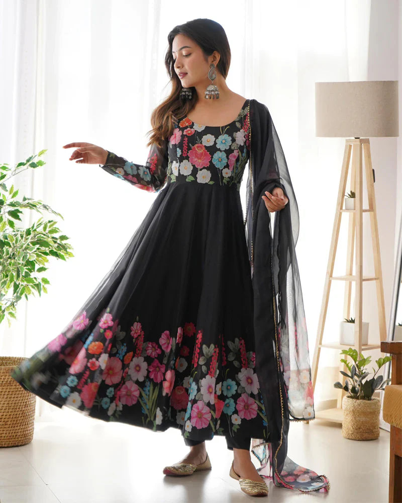 BLACK FLORAL PRINT ORGANZA THREE PIECE ANARKALI SUIT