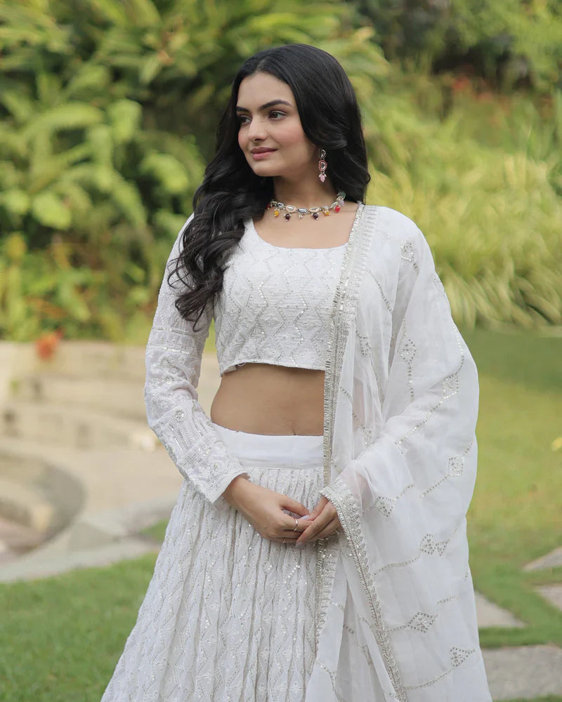 WHITE COLOR SOFT GEORGETTE DESIGNING LEHENGA CHOLI