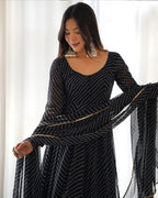 BLACK COLOR LAHERIYA PRINT GEORGETTE THREE PIECE ANARKALI SUIT