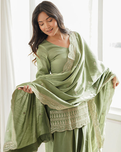PISTA COLOR ROMAN SILK EMBROIDERED FARSHI SALWAR SUIT