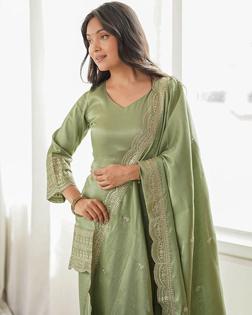 PISTA COLOR ROMAN SILK EMBROIDERED FARSHI SALWAR SUIT