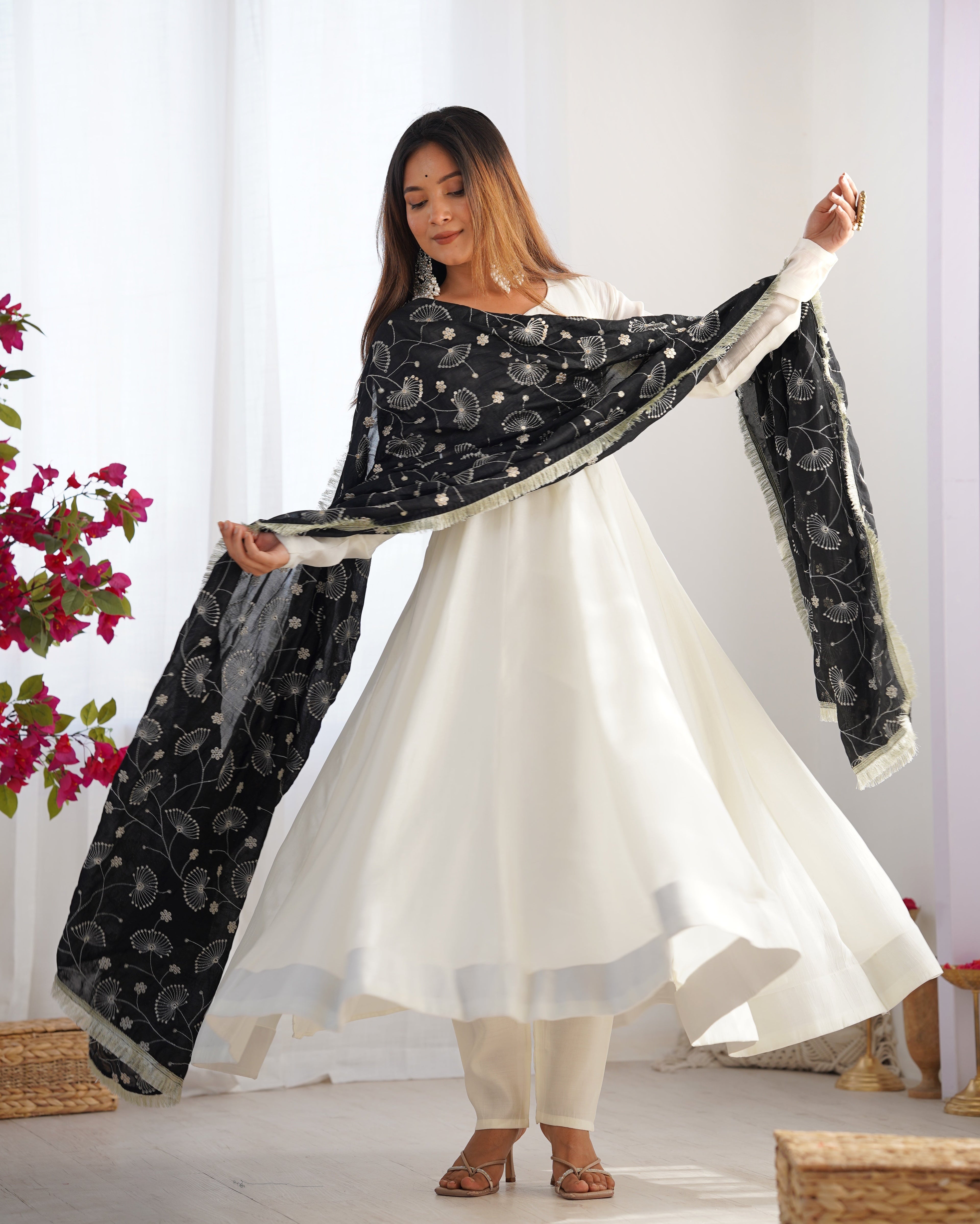 WHITE COLOR SOFT VICHITRA SILK ANARKALI WITH BLACK DUPATTA