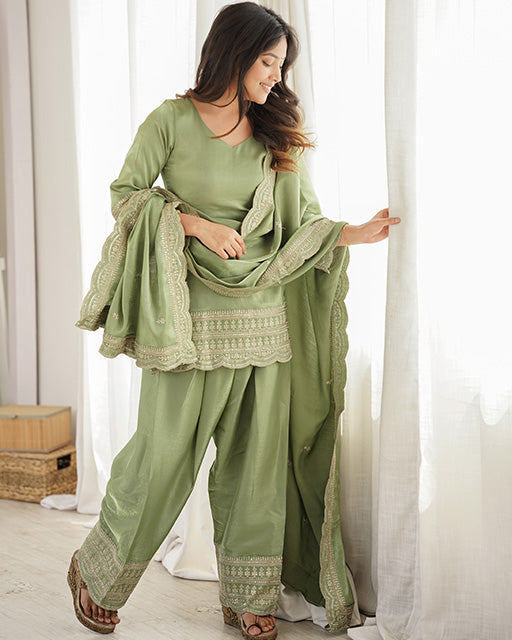 PISTA COLOR ROMAN SILK EMBROIDERED FARSHI SALWAR SUIT
