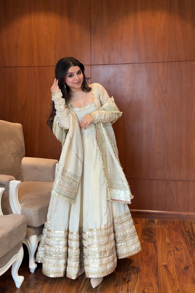 MOST TRENDING OFF WHITE COLOR EMBROIDERY SEQUENCE WORK ANARKALI SUIT