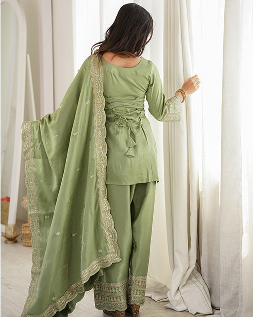 PISTA COLOR ROMAN SILK EMBROIDERED FARSHI SALWAR SUIT